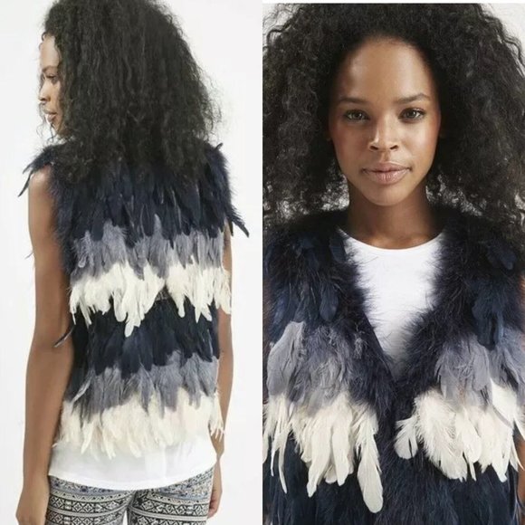 💋STUNNINGLY BEAUTIFUL💋 OMBRE BLUE & CREAM FEATHER FUR WAISTCOAT - Picture 3 of 15